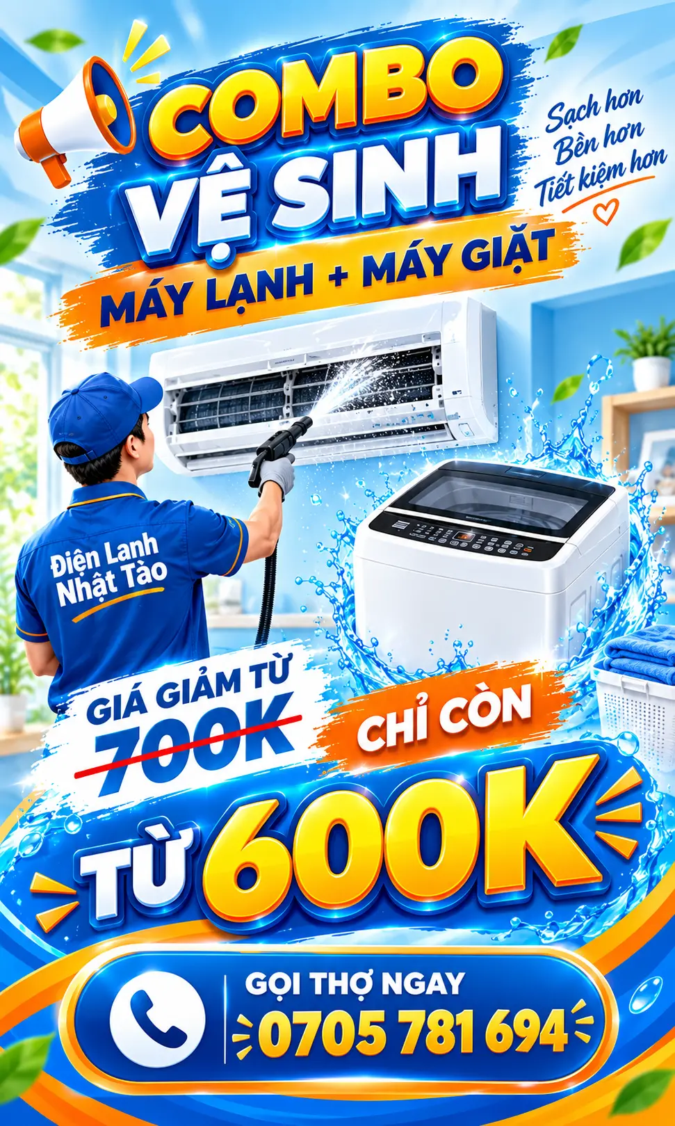 Combo vệ sinh máy lạnh và máy giặt